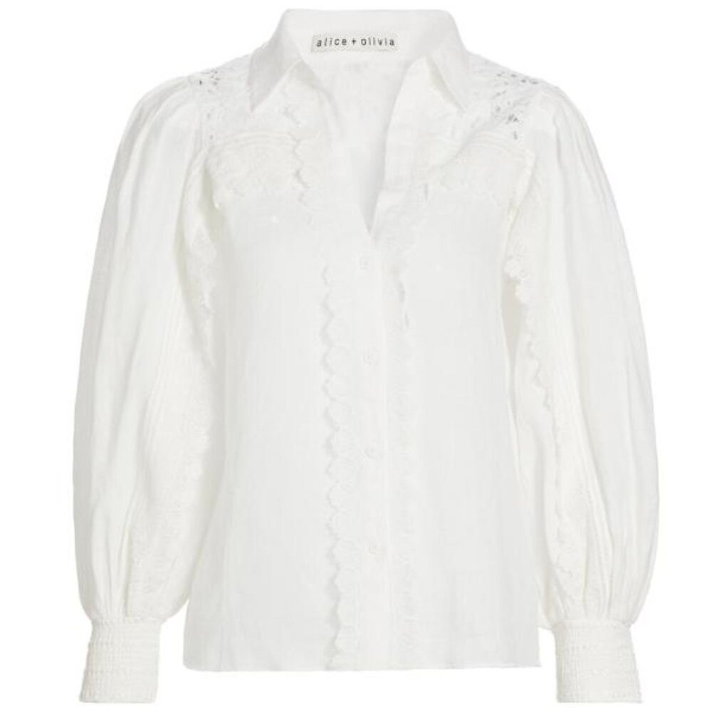 Alice + Olivia Linen Lace-Paneled Blouse